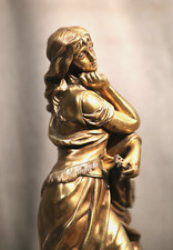 French 19th Century Gold Bronze Statue Lady Standing by Tree Mignon Woman Figure