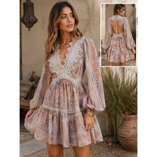 ASOS DESIGN lace detail mini dress with tiered skirt paisley print size 4 boho