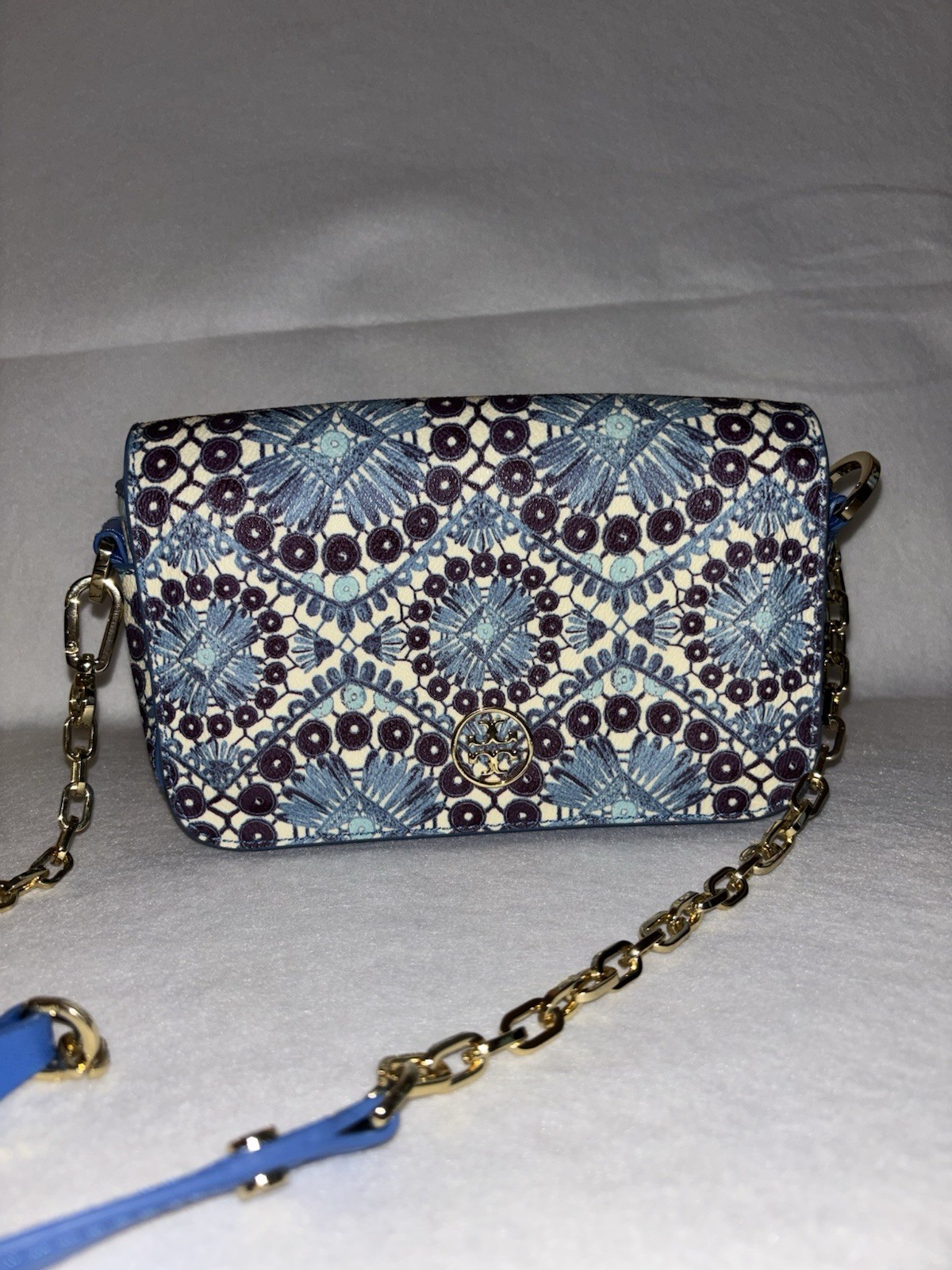 Tory Burch Blue/White Geometric Small Crossbody Bag, Gold Chain, Snap