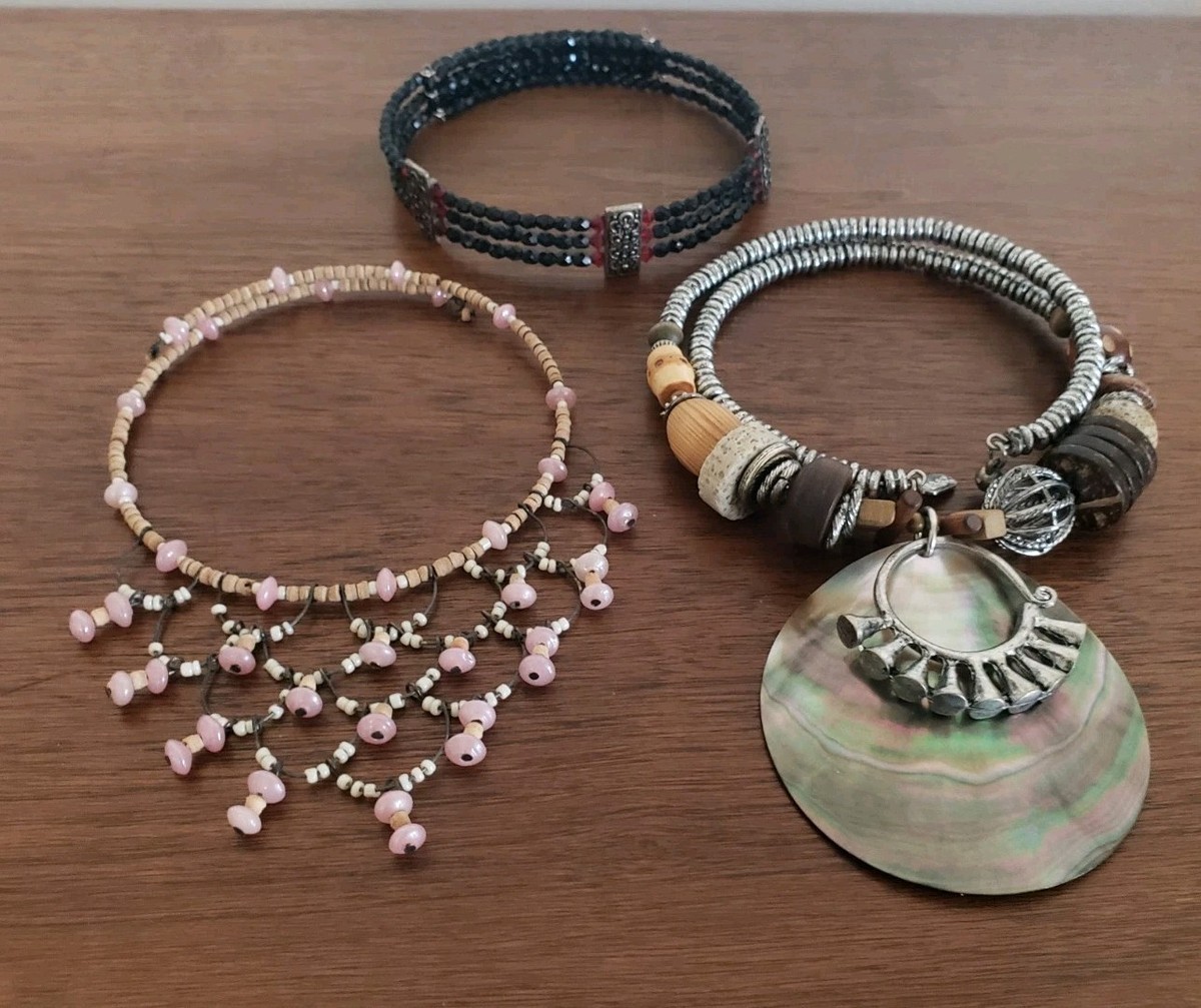 Vtg Beaded Choker Necklace Lot -Abalone Treska & 2 Unbranded - Boho/Gothic View 2