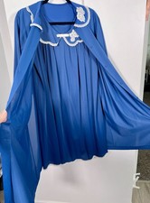 x2 Vtg Shadowline Short Navy Gown  Robe Set Womens M Nylon Lace Neck Pocket EUC