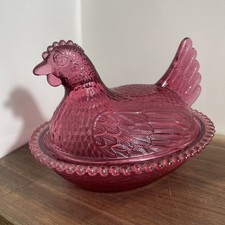VTG RARE!! CRANBERRY INDIANA GLASS HEN ON A NEST CANDY DISH BEAUTIFUL!!!HON!