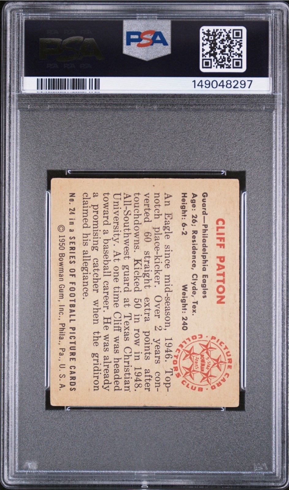 1950 Bowman #24 Cliff Patton Philadelphia Eagles Well Centered PSA 3 VG POP 3! view 2