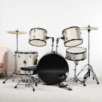 5-Piece Full Size Adult Beginner Drum Kit - Silver Cymbal Pedal Stool Sticks