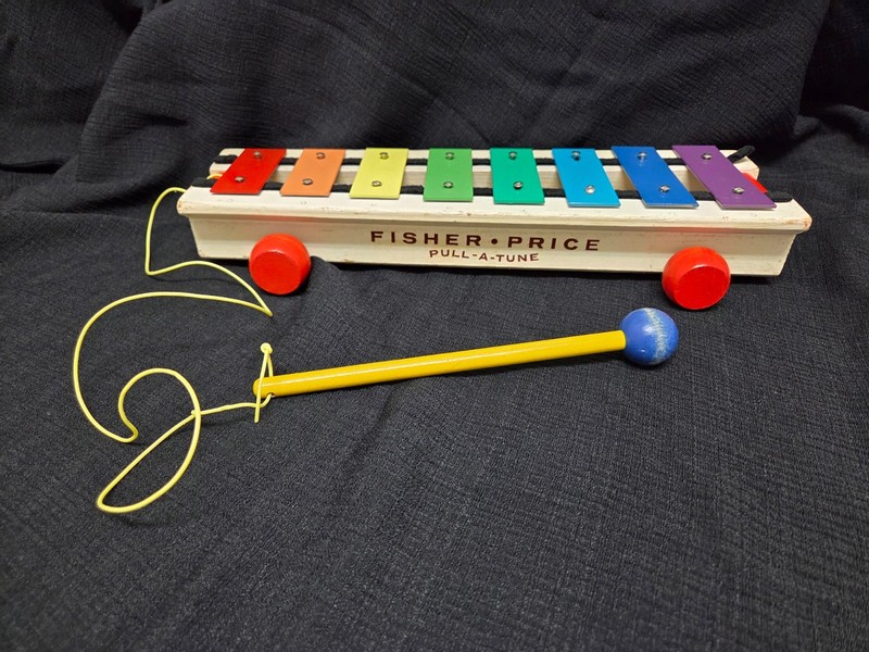 Vtg 1950s/60s Fisher-Price #870 Pull-A-Tune Xylophone - ALL WOOD - Rare Mallet