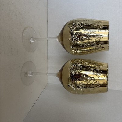 Set Of 2 GOLD~DAZZLE Circleware 18oz GOLDPlated Hollow Laser Etched Wine Glasses