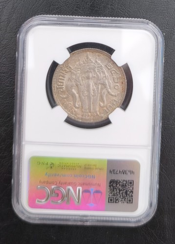 THAILAND 1 BAHT 2460 1917 RAMA VI "LONG TAIL; DOT & STICK" SILVER COIN NGC MS62 - Picture 2 of 4