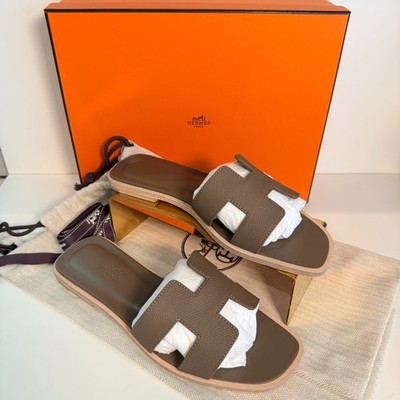NIB HERMES Oran Sandals Etoupe Epsom Calfskin EU 37 New Box Dust Bags