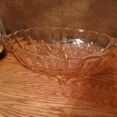 VTG INDIANA GLASS FOOTED OVAL PINK DEPRESSION GLASS FRUIT BOWL HARVEST GRAPES
