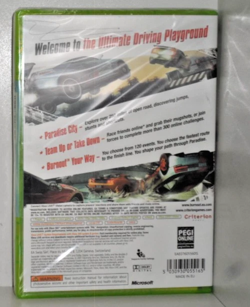 2008 * Burnout Paradise * Microsoft Xbox 360 * EMBALAJE ORIGINAL + instrucciones * Europa