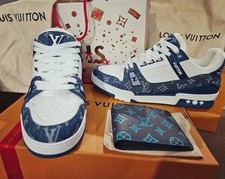 Louis Vuitton Trainer Monogram Denim Blue Sneakers & Wallet  - Size 9.5 US NEW
