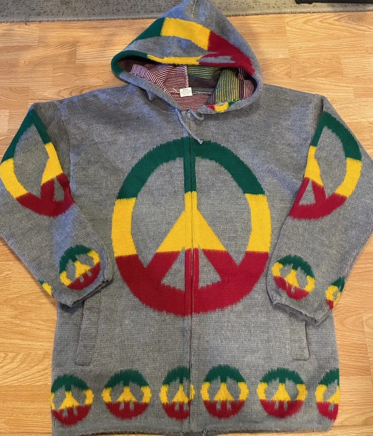 Yari Artesanias Hoodie Jacket Sweater UNISEX XL PEACE SIGN Wool Full Zip