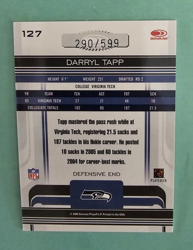 2006 Donruss Gridiron Gear DARRYL TAPP #127 Rookie RC SP #/599 Seahawks - Picture 2 of 2