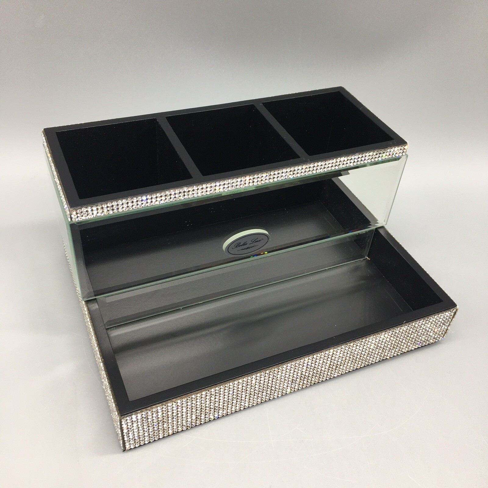 BELLA LUX Rhinestone Mirror Vanity Tray Divided Makeup Bathroom Sparkle