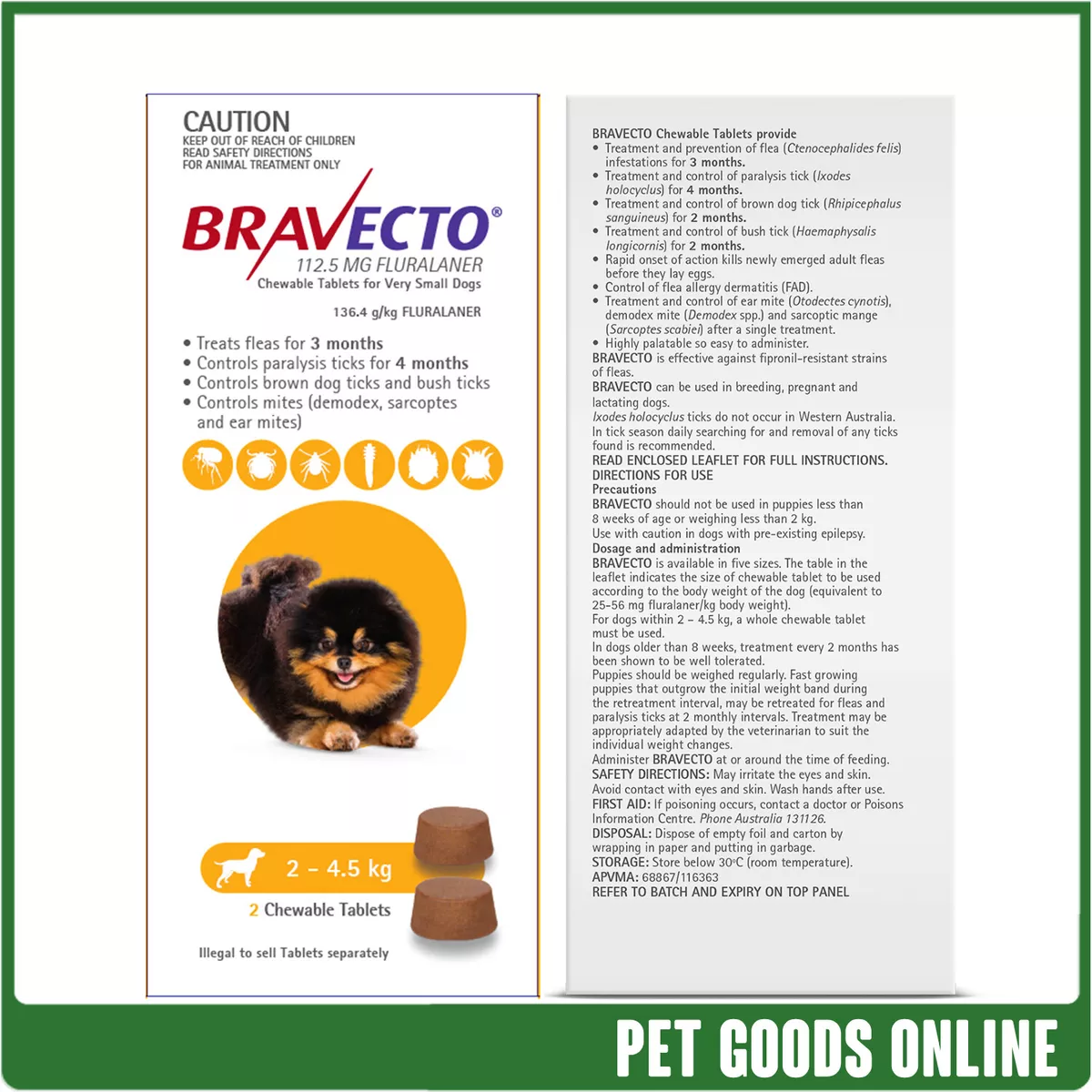 Bravecto (6Month Chew) Yellow For Dogs Very Small 2-4.5kg 2 Pack