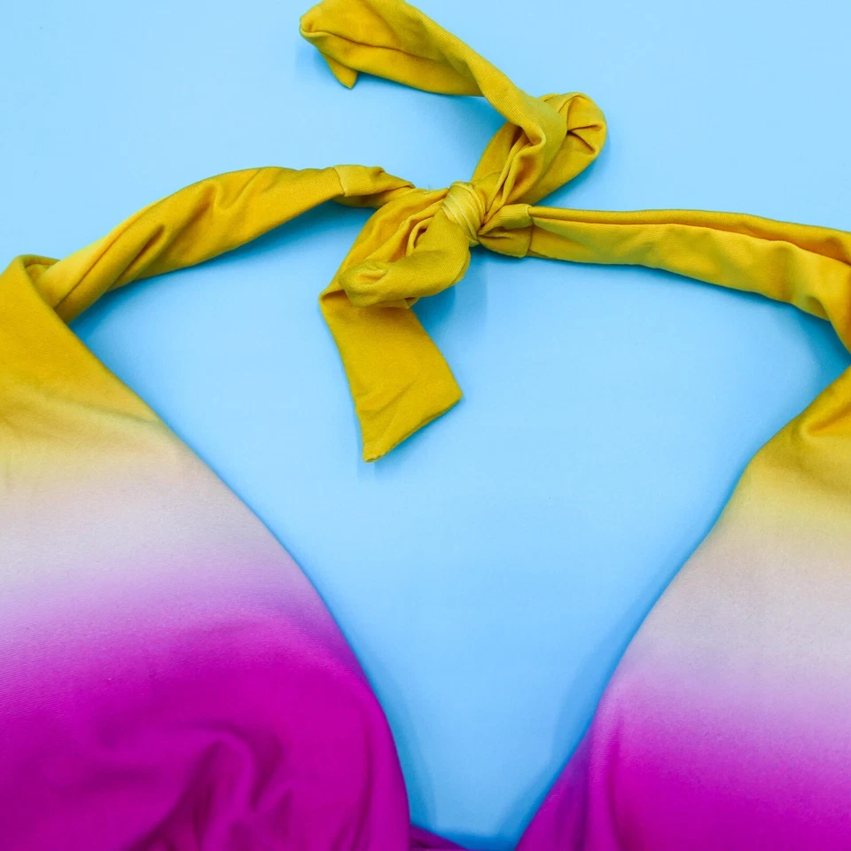 Nuevo Bikini Top Halter Victorias Secret Grande Rosa Amarillo Rayas Volantes Foto 4 de 4