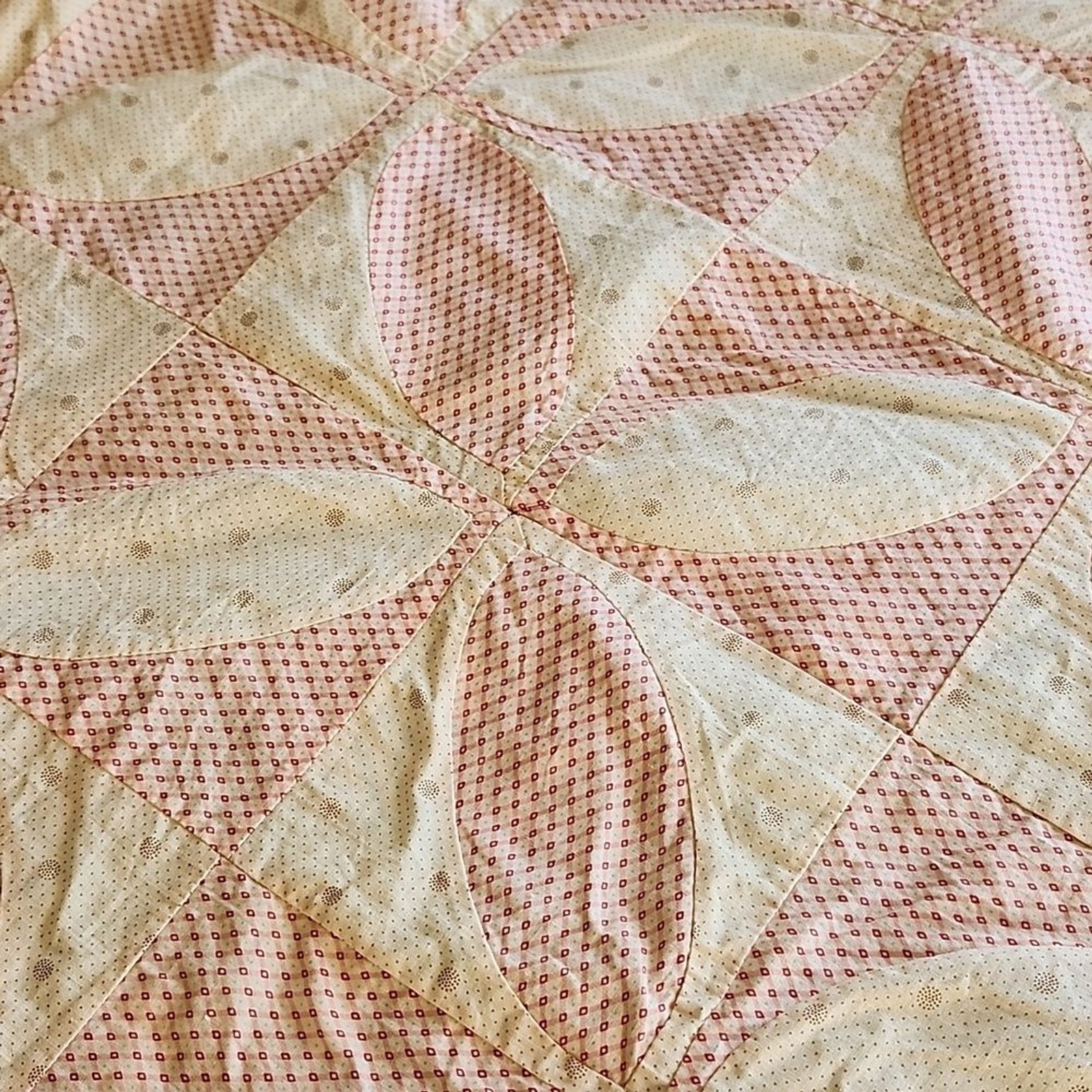 Vintage hand stitched quilt top unfinished in pink and white handmade
