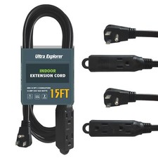 15 Ft Flat Extension Cord with Multiple Outlets 16 AWG Black Extension Cord F...