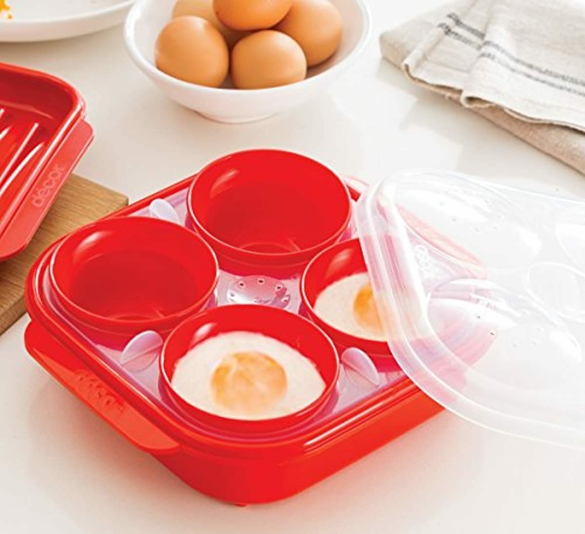 Decor Microsafe Microwave Steam Egg Poacher, Red. Made 1 to 4 eggs in a