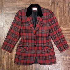 Vintage 90s Wool Plaid Blazer Velvet Collar Preppy Women’s Sz 4