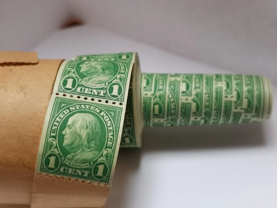 USA STAMP #604 1 C. green Rotary coil 1924 Roll of 250 - 40% stain MH*/MNH** - Immagine 4 di 4