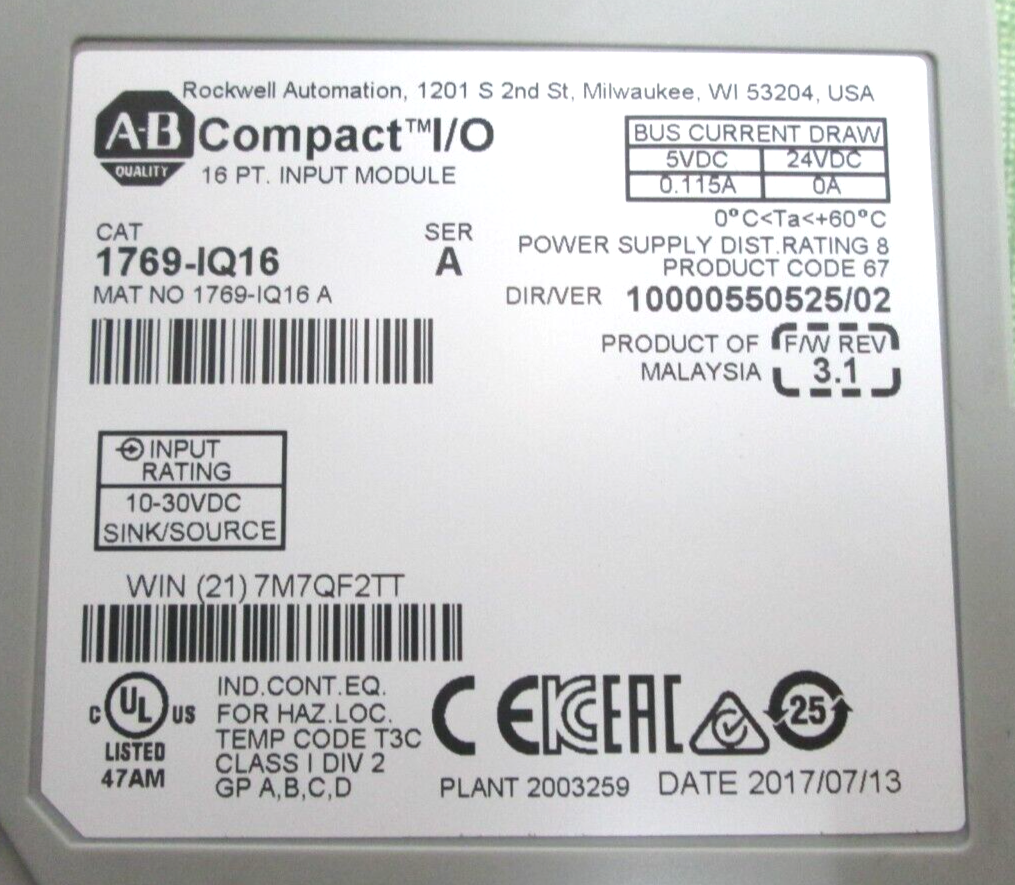 Allen Bradley 1769-IQ16 A CompactLogix 16 Pt 24VDC D/I Module