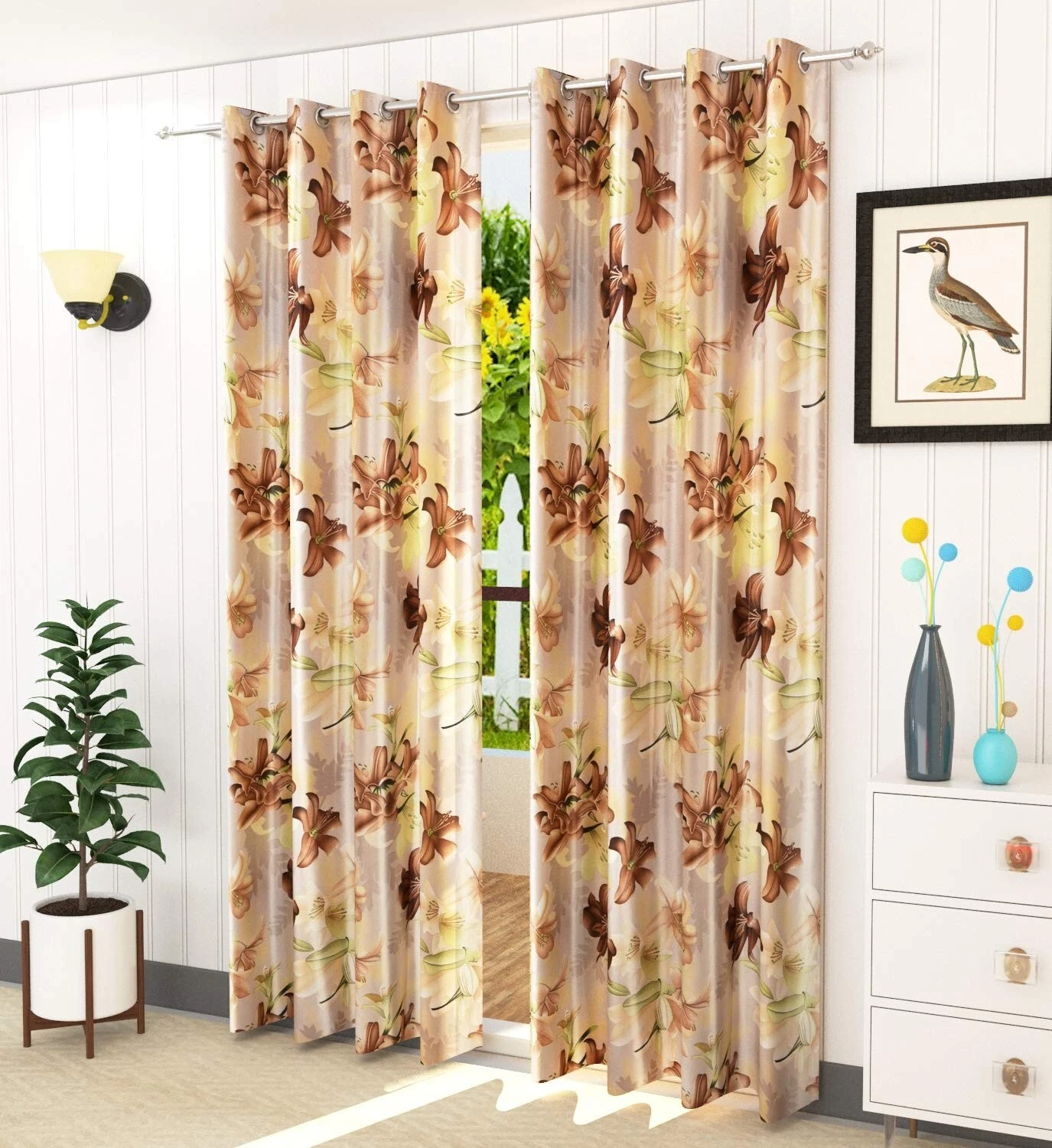 Cortinas De Puerta Con Ojal Premium De 2 Piezas 7 Pies Florales Marrón