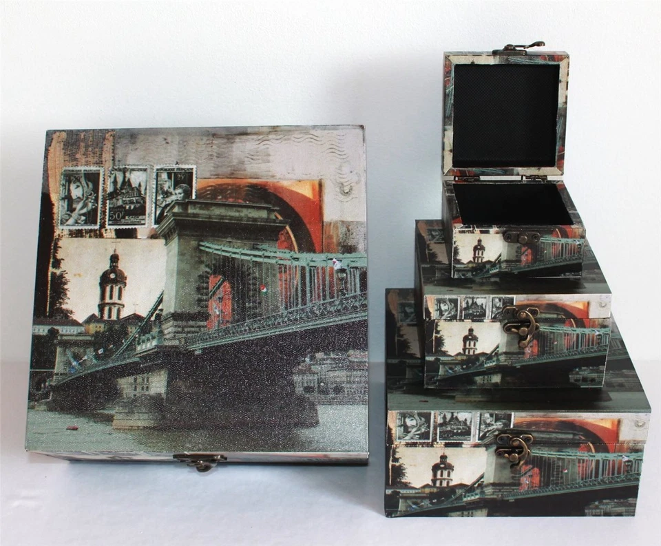 489 Holz Box 4er Set Leinenoptik Schatzkiste Stamp Budapest Städtedesign - Bild 3 von 4