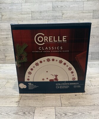 NIB Corelle Classics 12 Pc Christmas Dinnerware Set-Rudolph Reindeer Red & White