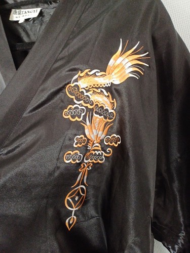 TANGYI MENS KIMONO ROBE BLACK & ORANGE EMBROIDERED SATIN XXL 42 - 48" ORENTIAL - Picture 4 of 19