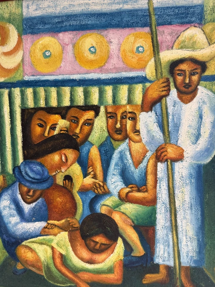 Pintura al óleo original al estilo de Diego Rivera, grupo de figuras mexicanas Foto 2 de 3