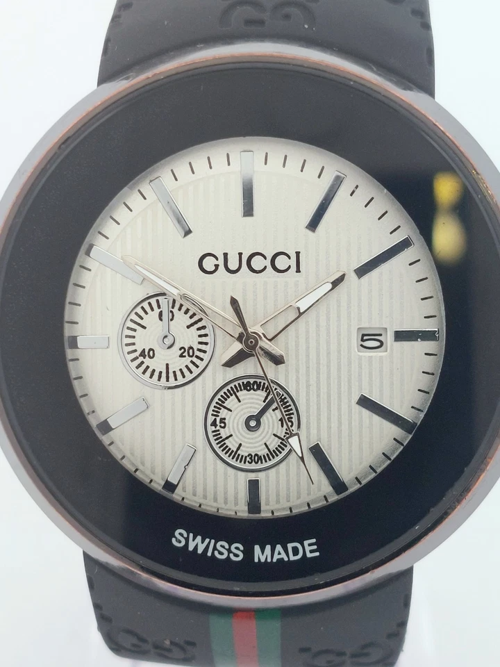 Gucci 3ATM Swiss Made 44.5mm Date Quartz Watch, Black Rubber Band - Ref. 1142 - Image 2 of 4