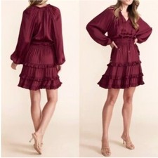 Women's M NWT Dark Red Satin Long Sleeve Ruffle Tiered Peasant Dress