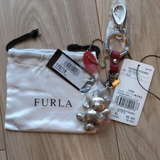 FURLA Silver Bear Charm Keychain Cherry Leather Used with Tags