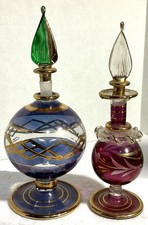 Egyptian Hand Blown Glass Perfume Bottles W/Stoppers - Lot of 2 - flawed as is