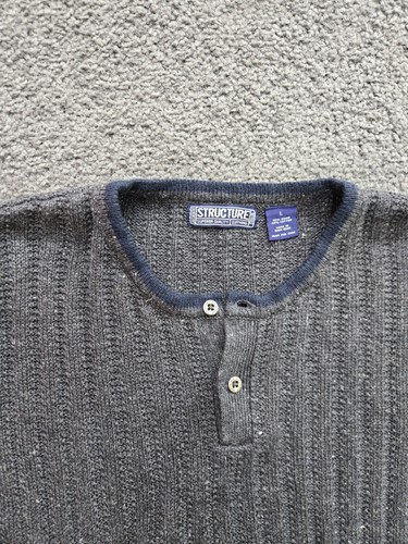 Vintage Sweater Men's Large Knit Textured Striped Henley Pullover Grandpa 90s - Picture 2 of 6