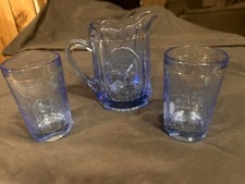 Vintage Tiara Blue Glass Pitcher and 2 Glass Set Jack and Jill Nursery Rhymes