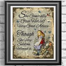 DICTIONARY PAGE ART PRINT VINTAGE ANTIQUE BOOK Advice Quote Alice in Wonderland