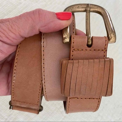 Vintage Designer Tan Italian Genuine Leather Solid Brass Belt Size Small DKNY Vintage Designer Tan Italian Genuine Leather Sold Brass Belt  main image 2