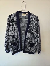 Vintage Knitmakers Cardigan Large Navy Blue White Geometric Knit Open Pockets