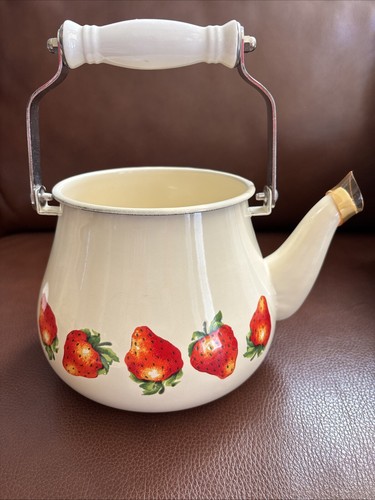 Vintage 2 Qt Kobe White/Red Enamel Tea Water Kettle Strawberry Design NIB
