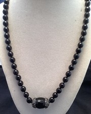 Pretty Hand Knotted Sterling Silver Black Spinel  Black Onyx Beaded Necklace