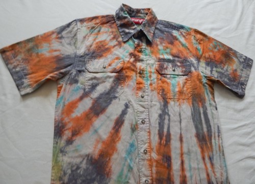 Tie Dye Black Orange Spiral Short Sleeve Button Up Shirt - Small Mens Hand Made - Picture 3 of 7