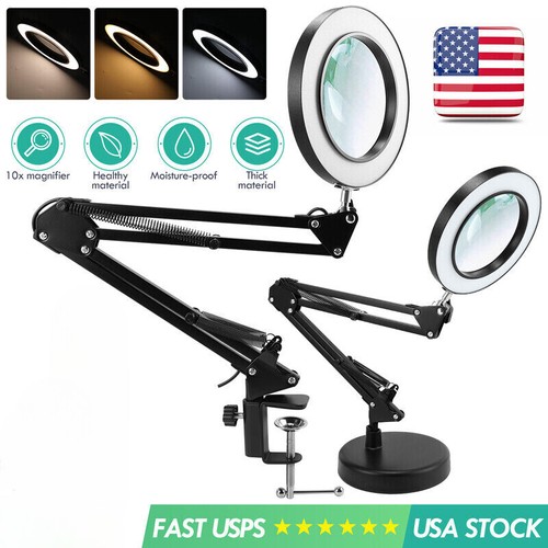 10X Magnifying Glass Desk Light Magnifier LED Lamp Reading Lamp With Base& Clamp
