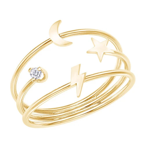 Natural Diamond Accent Moon & Star Three Band Ring 14k Yellow Gold Plated Silver