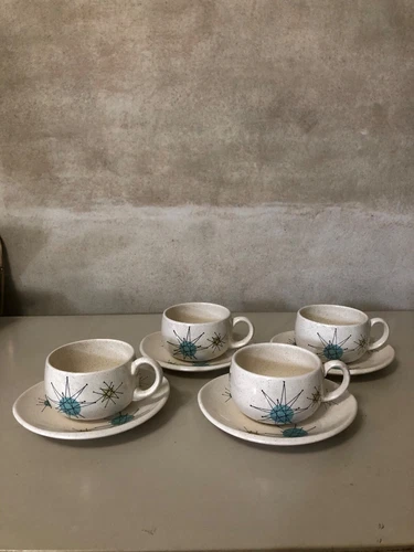 4 MID CENTURY MODERN FRANCISCAN STARBURST CUPS & SAUCERS