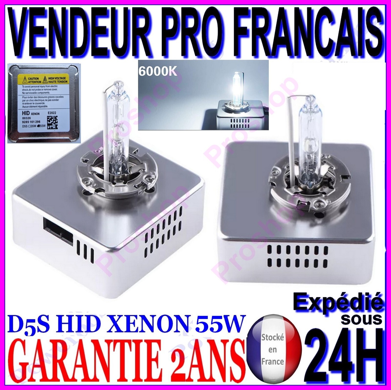 Ampoule D5S Xenon 55W 6000K blanche pour phare de rechange automobile