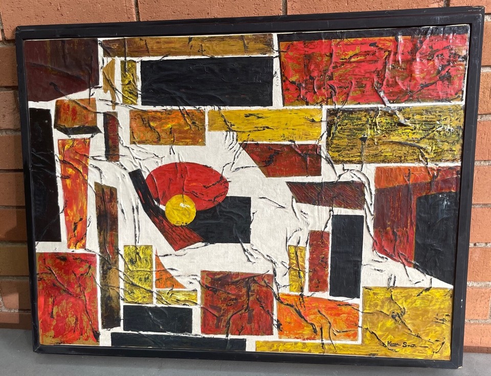 Vintage 60s Abstract Geometric Painting Mid Century Modern Wall Art