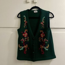 Vintage Koret Vest Womens PM Green Sweater Tight Knit Embroidered Floral Acrylic