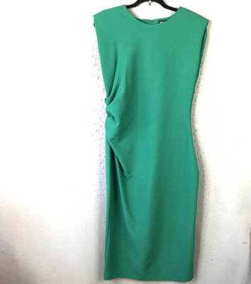 green ruched dress zara Zara Dress Womens XL Green Sleeveless Ruched Midi 100% Polyester Modern  Party